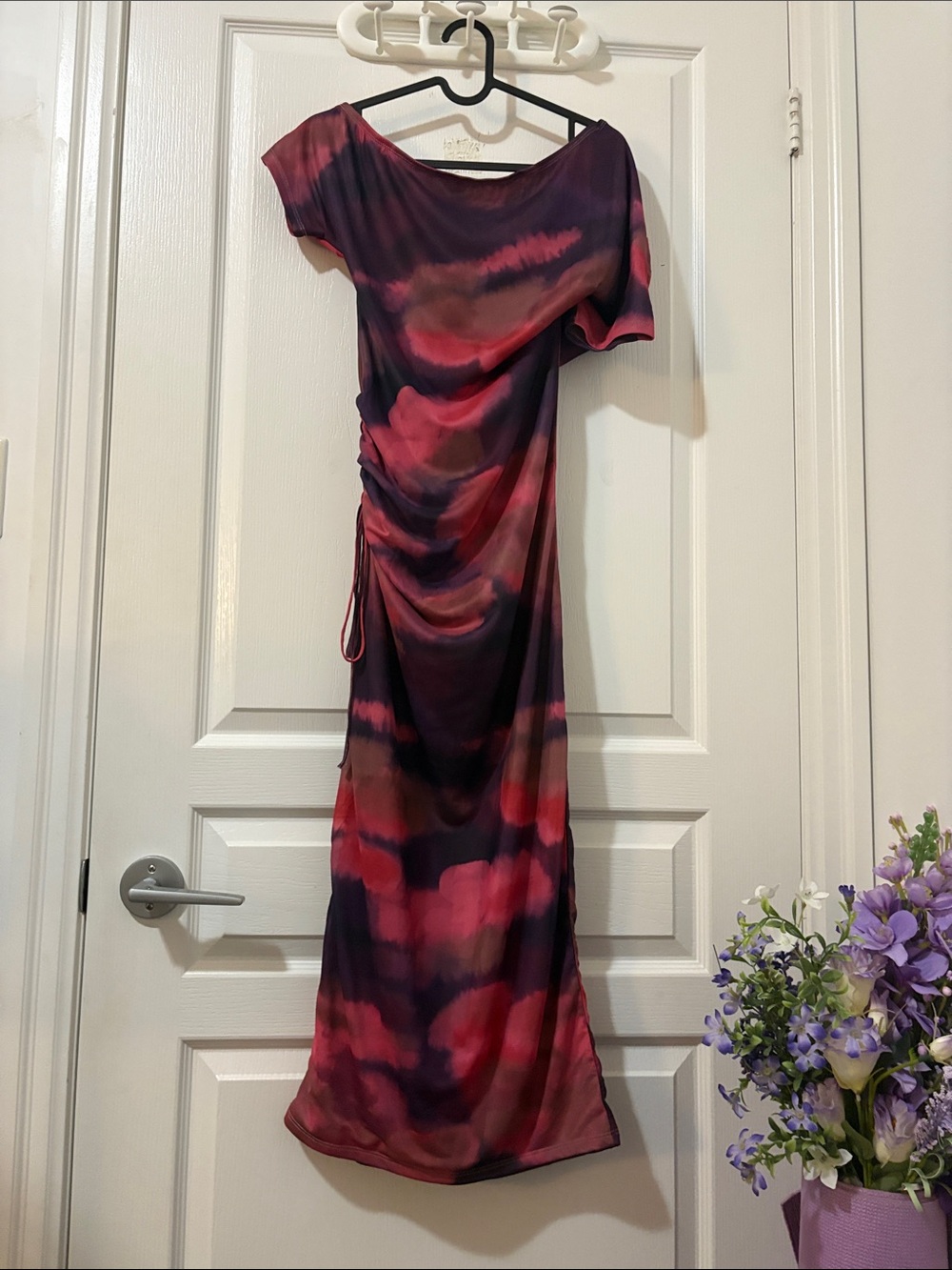 SHEIN One-Shoulder Ruched Tie-Dye Dress in Red & Purple